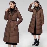  Long Down Coat Hood Winter Thick Warm Parka Jacket Waist Tie Belt Oversized Streetwear Style