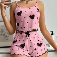 Home Wear Heart Print Cami Top Shorts Pajama Set Casual Loungewear