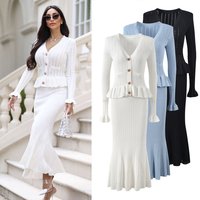 Clothing autumn elegant small fragrance style temperament ruffled two piece slim knitted dress fishtail long skirt