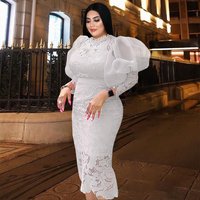 Clothing Legant Plus Lace Dress Sheer Panels Bubble Sleeves & Waist Tie Mid Length Formal Dress Office & Party