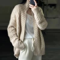 Clothing Heavy Thickened Turtleneck Zipper Twisted Cashmere Cardigan Soft Lazy Loose Short Sweater Wool Top Coat
