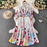 Elegant Floral Print Blouse Dress French Vacation Style Lantern Sleeves Waist Tie Mid Length Line Dress
