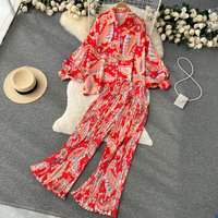 French vintage print loose long sleeve first skirt high waist straight leg casual pants