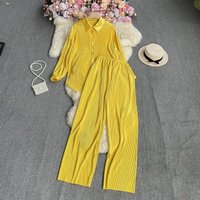 Clothing loose long sleeved pleated solid shirt two piece set high waisted straight wide leg trousers
