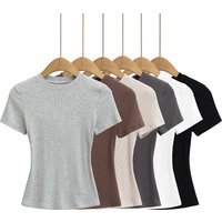 Women's Clothing Thread Tight Short Sleeved T Shirt Women's Summer Slim Round Neck Solid Color Elastic Sports Top