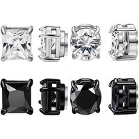 Magnetic Clip-On Earrings For Men & Women - Stainless Steel Cubic Zirconia Geometric Ear Cuffs (6mm & 8mm Square/Round, Silver & Black)