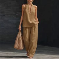 Summer Halter Neck Two Piece Set V Neck Sleeveless Top Flowy Wide Leg Pants Clothing Set 8 Colors S