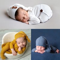 Drivedirect 1 Set Baby Jumpsuit Skin-friendly Stretchable Two-piece Suit Newborn Photography Hat Clothing for Indoor