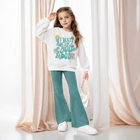 Mother & INS Floral Slogan Pattern Drop Shoulder Pullover Flared Pants Two Piece Set