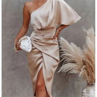 elegant high end party slit evening dress solid irregular mid waist oblique shoulder dress