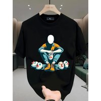 Herren T-Shirt Aus Schwerer Baumwolle Mit Grafik - Locker Geschnittenes Kurzarm-Rundhals-Sommer-T-Shirt Mit Geometrischem Druck, Weiß & Blaugrün