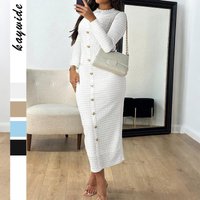 Elegant High Waist Bodycon Long Dress Stretchy Polyester Blend Round Neck Long Sleeve Classic Solid 