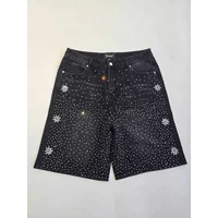 Vintage Astro Snowflake Rhinestone Denim Baggy Gym Y2K Jeans Haruku Hip Hop Low Waist Shorts X250403