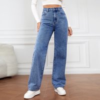 Women's Clothing High Waist Washed Straight Leg Jeans - Classic Blue/Black Denim Pants For Casual & Office Wear (XS-2XL)