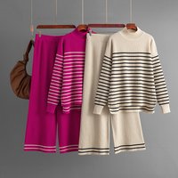 Clothing autumn winter striped slit long sleeved knitted sweater wide leg pants two piece suit