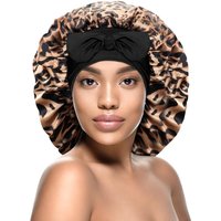Leopard print ribbon satin sleeping cap high elasticity wide brim silk headscarf hat beauty hair care