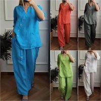 Clothing 2024 summer solid cotton linen suit three quarter sleeve top wide leg pants two piece suit clothing