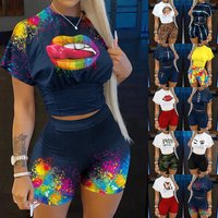 Casual O neck Short Sleeve T shirt Shorts Set Office Summer Letter Print Tops Solid Shorts Two Piece Set Outfit 2025