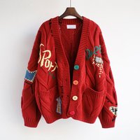 Chunky Cable Knit Cardigan V Neck & Embroidered Details Oversized Long Sleeve Open Front Sweater