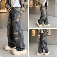 Distressed Denim Jeans For Men - Vintage Washed High Street Wide Leg Baggy Pants With Hand-Painted Details