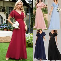 Clothing Hand Folded Large Swing Double V Neck Trumpet Sleeve Chiffon Banquet Bridesmaid Plus Evening Dress