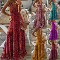 Clothing Bohemian style suspender long skirt high waist V neck printed floral dress clothing