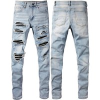 Clothing European American Casual All Match High Street Jeans Patch Hand Worn Holes Slim Fit Slim Feet 1307
