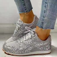 Women Flat Glitter Sneakers Casual Bling Vulcanized Shoes Female Mesh Lace Up Platform Comfort Plus Size Fashion Ladies