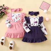 Girls Spring and Autumn 2024 New Korean Style Popular Flower Printed Long-Sleeved Top + Solid Color Suspender Skirt Three-piece Set