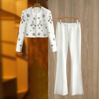 Statement Beaded Blouse & Wide-Leg Pants Set – High-Waisted Palazzo Trouser Suit With Embellished Round Neck (L-Xxl) | White/Black Geometric Print