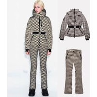Trendy Ski-Inspired Quilted Set – Waist-Cinching Puffer Jacket & Pants With Belt Detail (Plaid, S-L)