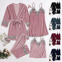 Luxury Velvet Lace Sleepwear Set For Women - Soft & Sexy Nightwear 4-Piece Outfit With Comfortable Fit (Black, Wine Red, Pink, Green, Navy Blue)
