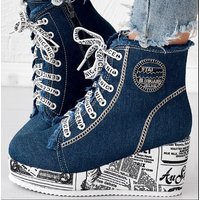 Women's Shoes Large Size Wedge Heel Versatile High Top Canvas Shoes Women's Round Toe English Newspaper Lace Up Breathable Single Shoes