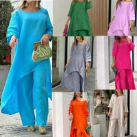 Clothing Cotton Linen Fashion Casual Large Irregular Long Sleeved Suit Wide Leg Pants Two Piece Suit