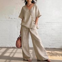 Clothing Summer Casual Cotton Linen Two Piece Set V Neck Wide Leg Pants Style Loose Fit Vacation Wear
