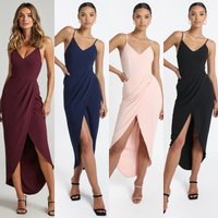 Clothing Elegant V Neck High Waist Ruffle Asymmetrical Dress Sleeveless Knitted Bodycon Midi Dress Office To Party Available