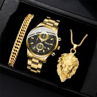 New Fashionable Business Men'S Versatile Steel Band Quartz Watch Bracelet Lion Necklace Jewelry Set