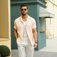  Short Sleeve Casual Shirt – Breathable Cotton V Neck Solid & Blocked 