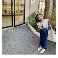 Clothing suit large lapel floral shirt plus flared jeans two piece suit
