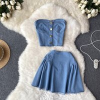 Women’s Denim Tube Top & High Waist A-Line Skirt Set – Summer Two-Piece Outfit