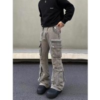 Vintage Washed Gray Cargo Pants – Relaxed Wide-Leg Fit, Multi-Pocket Utility Design, Streetwear Staple, Retro Denim Trousers For Men
