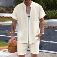 Men's Clothing New Summer Men's Shirt Casual Henry Collar Pocket Short Sleeved Shorts Beach Suit