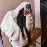 Clothing Faux Fur Hooded Jacket Winter Cozy Short Coat Double Layer Hood Loose Fit & Cream