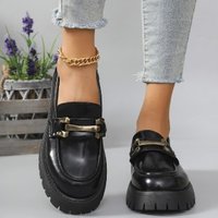 Large Size Thick Soled Black Small Leather Shoes Women's New Slip-on Work Shoes Metal Buckle Loafers