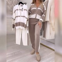 VWomens Clothing Intage Inspired Striped Contrast Panel Two Piece Set Long Sleeve Top & Trousers