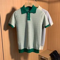 Men's Clothing Thin Ice Silk Men's High End Grid Pattern Contrast Color Short Sleeved T Shirt