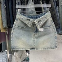 Women's American Style Washed Denim Mini Skirt Lapel Design Rhinestone Embroidery Light Blue Lettering