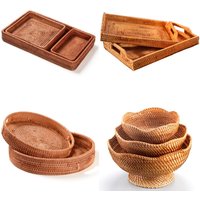 Rattan Tray Set (3-Piece) - Multi-Purpose Fruit & Snack Serving Tray For Tea Cups Candy Nuts - Handwoven Storage Organizer