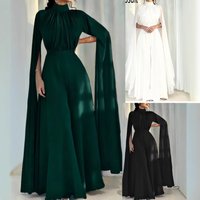 Elegant High-Neck Flowy Wide-Leg Jumpsuit With Flared Sleeves – Chiffon Wide-Leg Palazzo Pants For Women, Black / Dark Green / White, S-Xxl