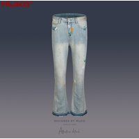 Mans clothing Urban cat beard ripped micro cut pants hipster wash splash paint wide leg jeans